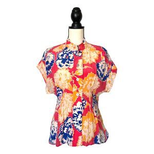 PLENTY BY TRACY REESE Women's Floral Silk Short Sleeve Button Up Blouse M Pink